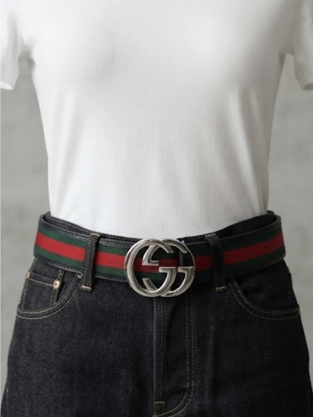 New !! Men’s Web Stripe Belt with Double G Buckle - Black/Green/Red